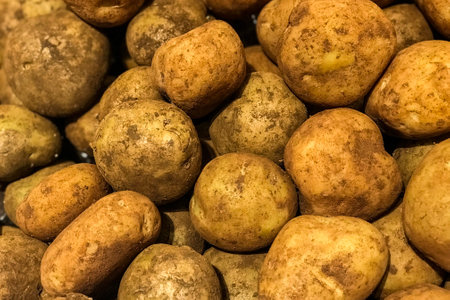 Fresh brushed potato piled on the market. Food backgroumd. Harvest. Healthy eating. Vegan and vegetarianの写真素材