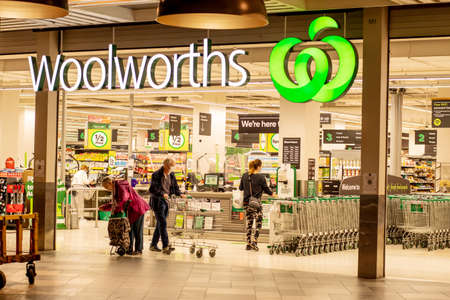 Sydney, Australia 2021-01-07: Exterior view of Woolworths Miranda supermarket during the COVID-19 pandemic lockdownのeditorial素材