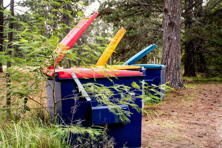 Australian garbage bins with colourful lids for recycling, paper and cardboard and general waste suttounding by the nature in a bush forest outdoors locationの写真素材