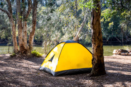 Yellow tent at the campsite surrounding by nature on the river bank. Camping and recreationの写真素材