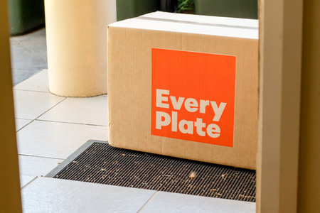 Sydney, Australia 2021-07-17 Every Plate meal kits contactless delivery during COVID-19 pandemic. Subscription service company delivering food ingredients and recipesのeditorial素材