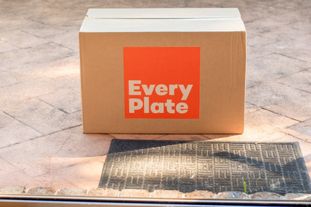 Sydney, Australia 2021-07-17 Every Plate meal kits contactless delivery during COVID-19 pandemic. Subscription service company delivering food ingredients and recipesのeditorial素材