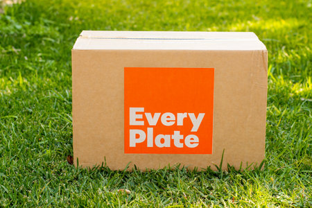 Sydney, Australia 2021-07-17 Every Plate meal kits contactless delivery - box on a green grass. Subscription service company delivering food ingredients and recipesのeditorial素材