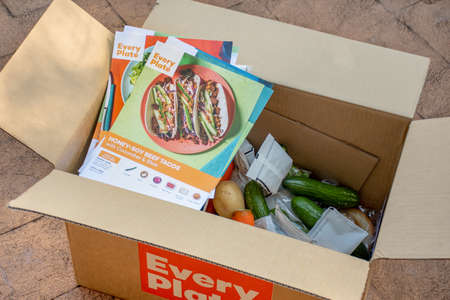 Sydney, Australia 2021-07-17 Every plate meal kit in a cardboard box. EveryPlate is actually owned by HelloFresh and was launched in 2018 as a lower-cost alternative.のeditorial素材