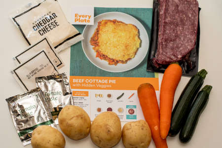 Sydney, Australia 2021-07-17 Every plate meal kit on a white kitchen table. EveryPlate is owned by HelloFresh and was launched in 2018 as a lower-cost alternativeのeditorial素材
