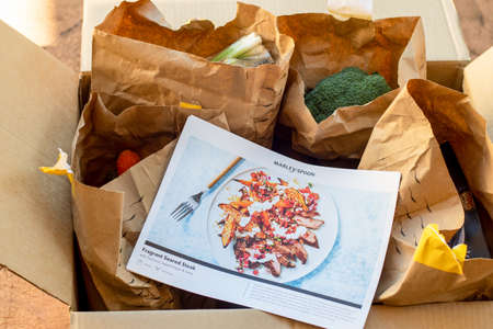 Sydney, Australia 2021-07-25 Open Marley Spoon cardbord box with meal kits . Australian subscription...