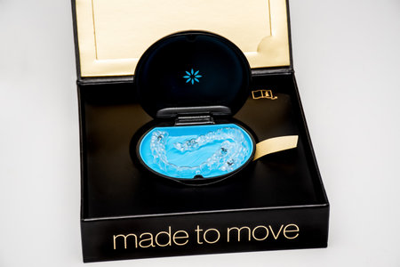 Sydney, Australia, 2021-08-23 Invisalign aligners in a box. Invisible bracers. Clear teeth straighteners. Clear plastic bracersのeditorial素材