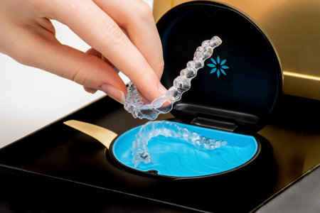 Sydney, Australia, 2021-08-23 Invisalign aligners in a storage carry case. Invisible braces. Clear...