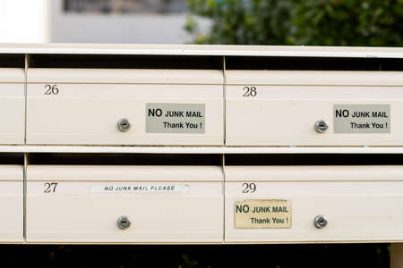 No Junk mail sign on letter boxes in Sydney, Australia. Direct mailers opt out. How to stop junk mail catalogs catalogueの写真素材