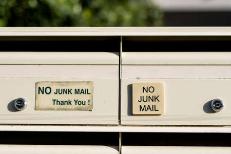 No Junk mail sign on letter boxes in Sydney, Australia. Direct mailers opt out. How to stop junk mail catalogs catalogueの写真素材