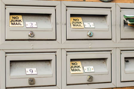 No Junk mail sign on letter boxes in Sydney, Australia. Direct mailers opt out. How to stop junk mail catalogs catalogueの写真素材