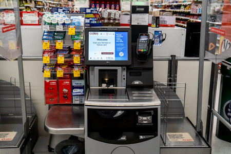Sydney, Australia 2021-10-13. Self serve checkout at Coles supermarket during Covid pandemic.のeditorial素材
