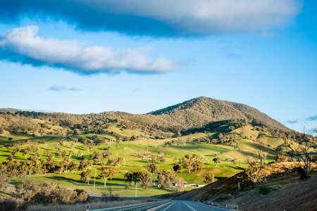 Open empty road surrounded by farms and fields in Australia. Road trip travel conceptの素材 [FY310180991992]