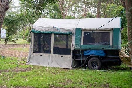 Canvas camper trailer on a campsite at the holiday caravan park. vacation travel conceptの写真素材