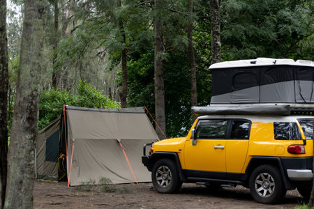 Bendalong, ,Australia 2021-12-24 Toyota FJ cruiser car with rooftop pop up tent camping on a campsite. Travel vacation.のeditorial素材