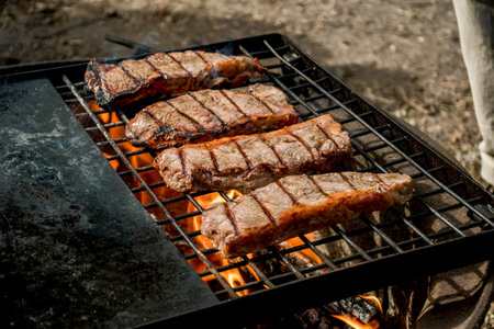 Beef steaks grilling on a cast iron grlill plate on a camp fire. Campfire camping cooking. Outdoor BBQの写真素材