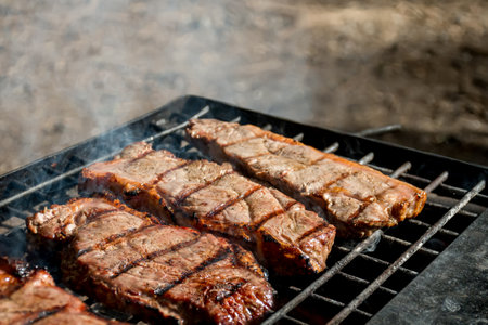 Beef steaks grilling on a cast iron grlill plate on a camp fire. Campfire camping cooking. Outdoor BBQの写真素材