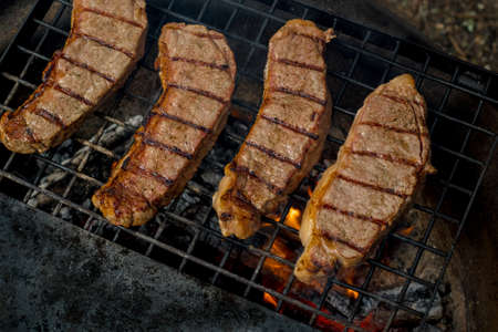 Beef steaks grilling on a cast iron grlill plate on a camp fire. Campfire camping cooking. Outdoor BBQの写真素材