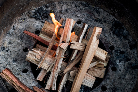Starting a campfire in a firepit with firewood kindling. Camping lifestyle.