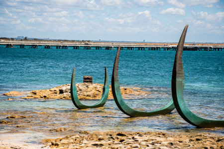 Kurnell Kamay Botany Bay National Park. James Cook landing place. Travel destination historical site. The Eyes of the Land and Sea sculptureの写真素材
