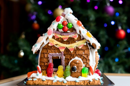Homemade gingerbread house decorated with icing, sweets, and jelly candies with blurred Christmas tree on background. Family Christmasの写真素材