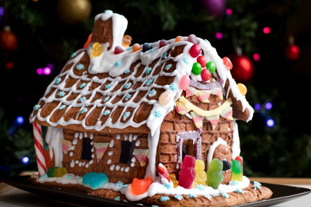 Homemade gingerbread house decorated with icing, sweets, and jelly candies with blurred Christmas tree on background. Family Christmasの写真素材