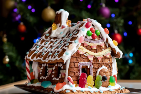 Homemade gingerbread house decorated with icing, sweets, and jelly candies with blurred Christmas tree on background. Family Christmasの写真素材