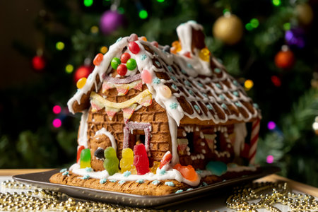 Homemade gingerbread house decorated with icing, sweets, and jelly candies with blurred Christmas tree on background. Family Christmas