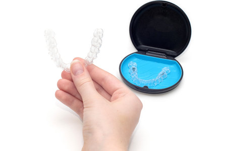 Transparent aligners and storage case box. invisible braces. Clear teeth straighteners. plastic bracersの写真素材