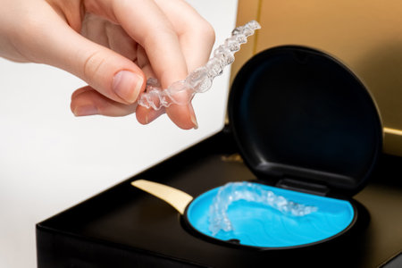 Transparent aligners in a box. invisible braces. Clear teeth straighteners. clear plastic bracersの写真素材