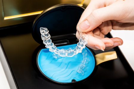 Transparent aligners in a box. Invisible braces. Clear teeth straighteners. Clear plastic bracersの写真素材