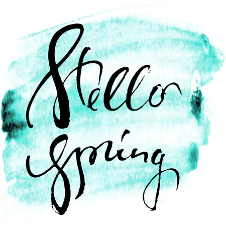 Hello Spring. Hand lettering. Inspirational calligraphy design element. Decorative composition for prints, post card and posters.のイラスト素材