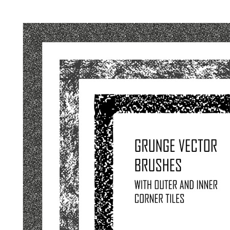 Decorative vector brushes with inner and outer corner tiles. Grunge borders with rough texture. Easily using frames for design.のイラスト素材