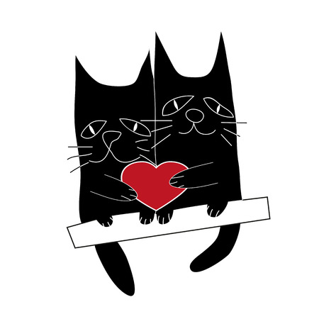 Cat's love. Cartoon vector illustration of two cats sharing the heart.のイラスト素材