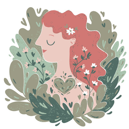 Vector illustration of a young woman among the leaves anf flowers. A girl in harmony with nature concept.のイラスト素材