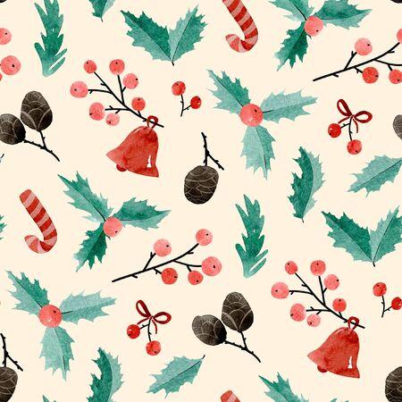 Hand drawn Christmas watercolor seamless pattern with beige background. Beautiful holiday arrangement.の写真素材