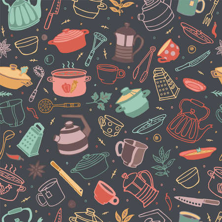 Kitchenware vector pattern. Tool and ware collection. Hand drawn, doodle cooking icon. Cookware element. Template, banner for design, menu, restaurant, cafe, bakery, wallpaper, recipe card, cookbook.のイラスト素材
