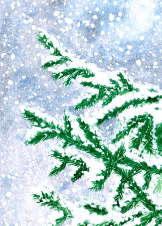 Green christmas tree background with snowflakes. Happy new year card. Winter illustration. Watercolor hand drawn print. Part of fir, pine tree with snow.の写真素材