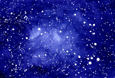 Abstract watercolor background. Deep blue night sky with stars. Hand drawn illustration. Galaxy painting, cosmic texture. Astrology theme. Beautiful and romantic space. Creative printの写真素材
