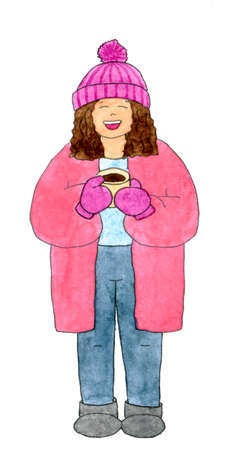 Girl in winter clothes. Smiling lady with cup of coffee. Watercolor hand drawn illustration. Woman in pink coat on white board. Happy human, positive print. Autumn inspirationの写真素材