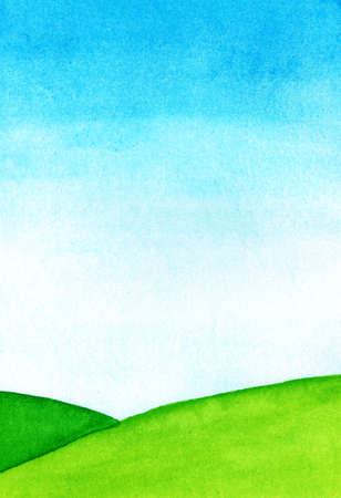 Simple watercolor landscape background. Summer illustration. Green grass and blue skyの写真素材