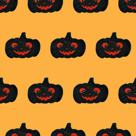 Halloween seamless pattern with smiling pumpkins. Black and orange colors. Print for textile, greeting cardsの写真素材