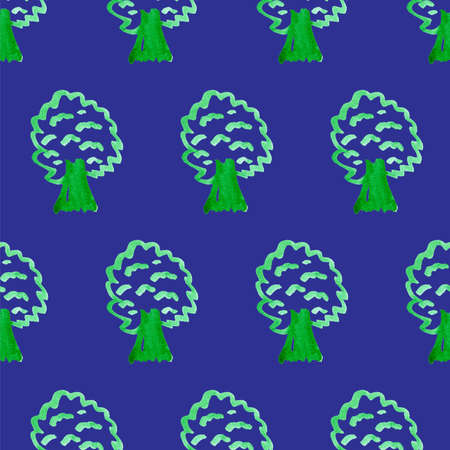 Seamless pattern with simple trees on blue board. Ecology theme. Save the planet. Cartoon background for Kids. Doodle style, childrens picture. Print for textile, wrapping paper, cards and designの写真素材