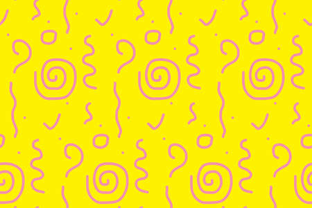 Seamless pattern with hand drawn doodles. Pink elements on yellow board. Backboard with spirals, doodle print. Abstract children drawing. Print for textile, gift wrapping paper, cards, web and designの写真素材