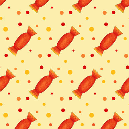 Seamless pattern with orange candies with dots on yellow board. Halloween illustration. Trendy hand drawn design for wrapping paper, textile, packaging. Candy shop. Sweet color lollipopの写真素材