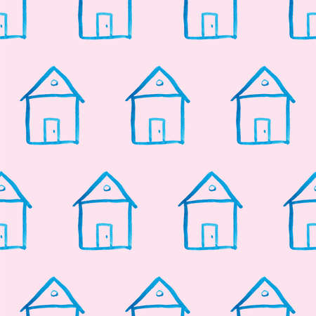 Seamless pattern with blue house icon on pink backboard. Cartoon style baby illustration. Architecture, construction, village, homepage. Creative kids city texture for fabric, wrapping or textileの写真素材