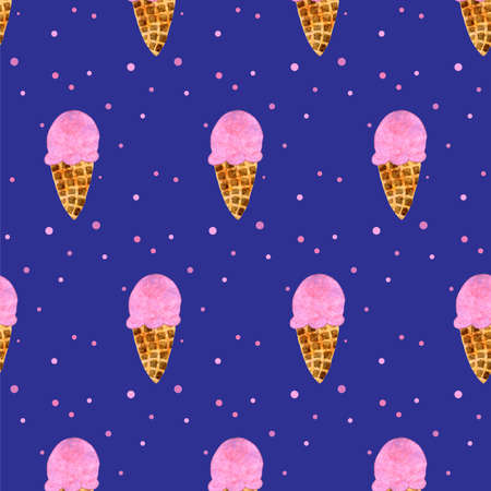 Seamless pattern with pink strawberry ice cream cone on blue board. Trendy hand drawn design for wrapping paper, textile, packaging. Hand drawn print. Sweet summer dessertの写真素材