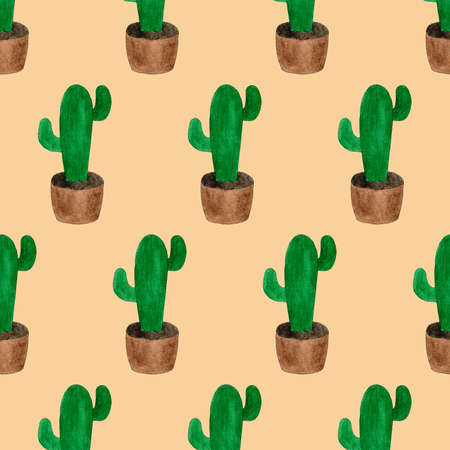 Seamless pattern with green cactuses in pots. Cartoon style print. Funny illustration. Funny watercolor doodle art. Children hand drawn picture. Positive summer illustration. Doodling style. Jpg fileの写真素材