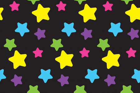Seamless pattern with stars. Colorful background. Simple creative print for clothes, web, greeting cards, gift wrap and design. Black, yellow, blue, purple, pink and green colors. Jpg fileの写真素材
