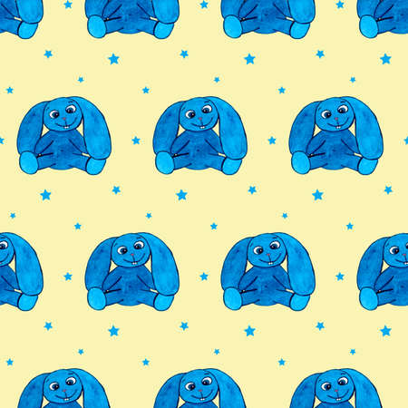 Seamless pattern with blue eastern rabbit on yellow board. Hand drawn picture. Watercolor texture. Funny and cute bunny toy for baby. Spring and summer theme. Print for textile, gift wrapping paperの写真素材